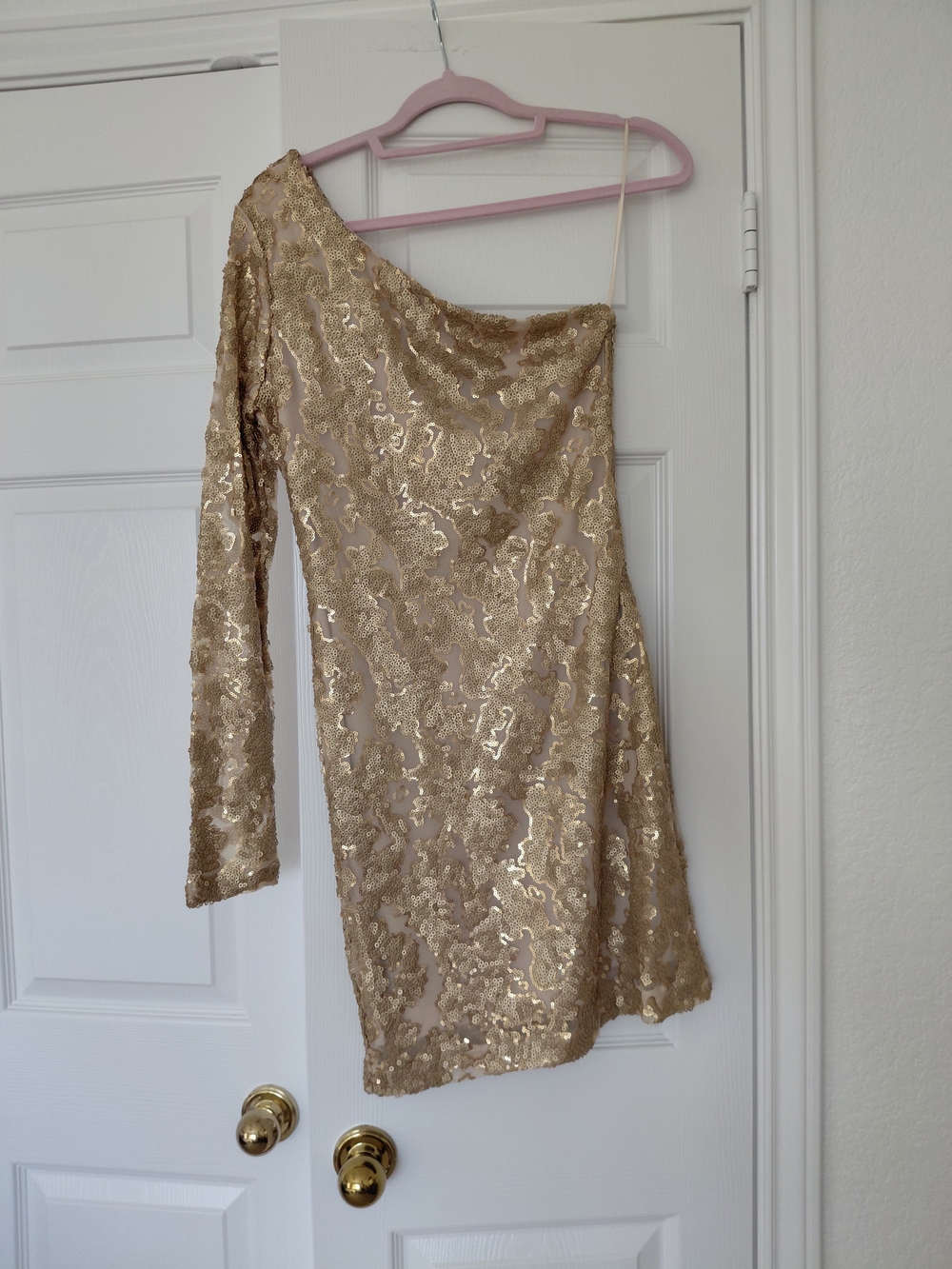 Guess Gold One-Shoulder Sequin Mini Dress
